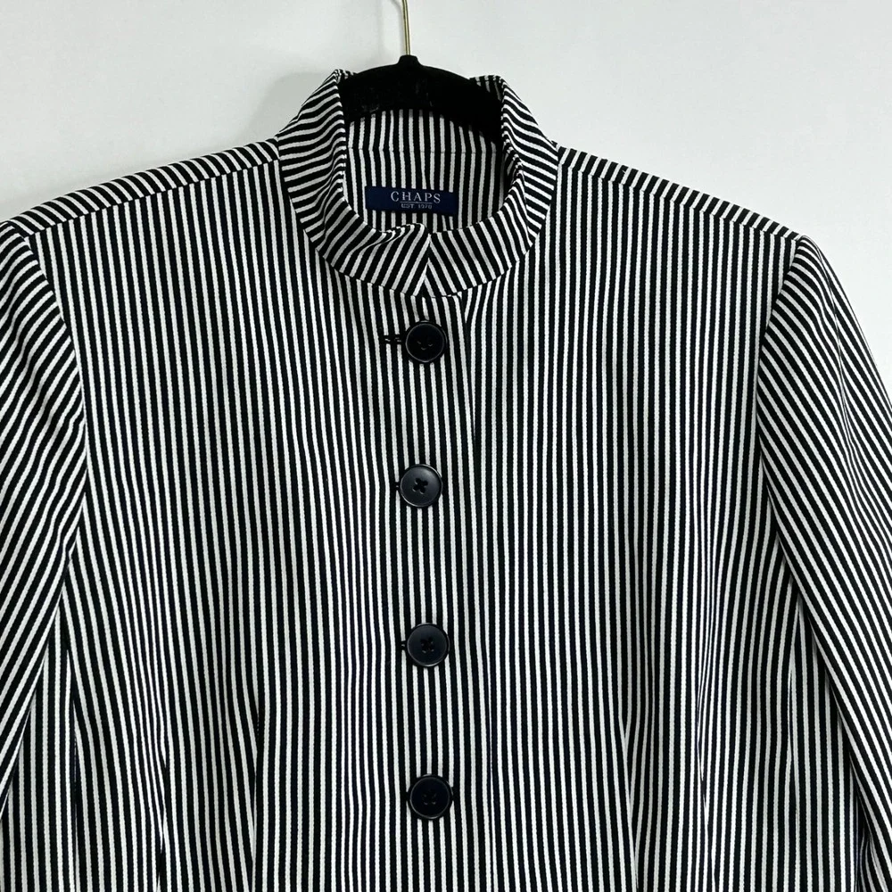 Chaps Women Black White Striped Mandarin Collar Blazer Jacket 12 Cotton Nautical